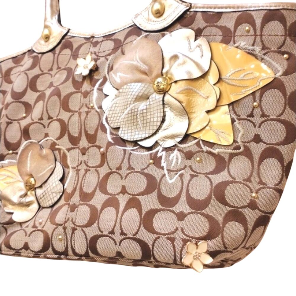 COACH Monogram Canvas Shoulder Bag Purse Large 16x9 GOLD Leather Flowers Handles - Picture 12 of 16
